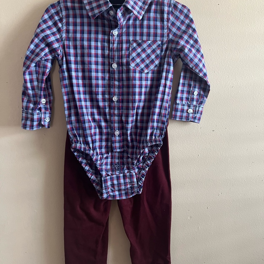 Andy & Evan Navy/Burgundy Plaid Shirt and Burgundy Pants Set